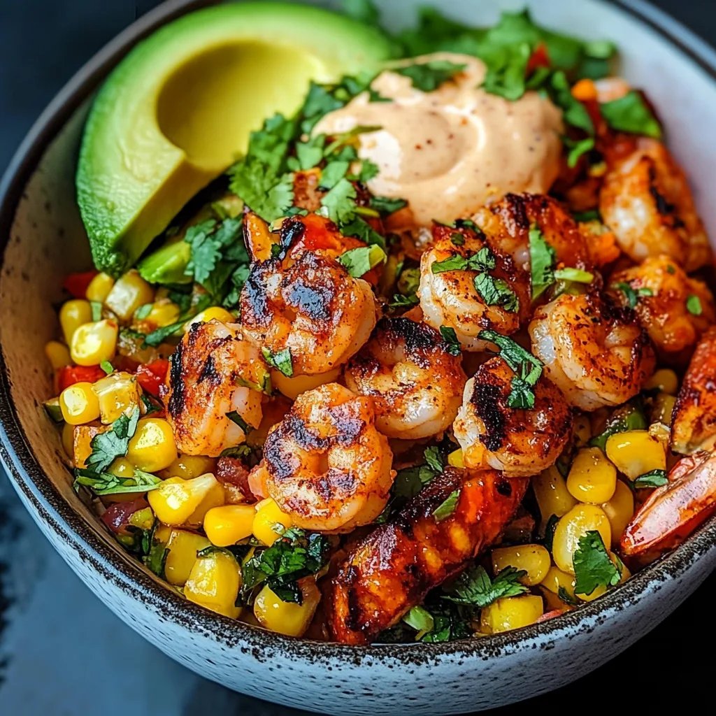 Grilled Shrimp Bowl with Avocado, Corn Salsa & Creamy Sauce