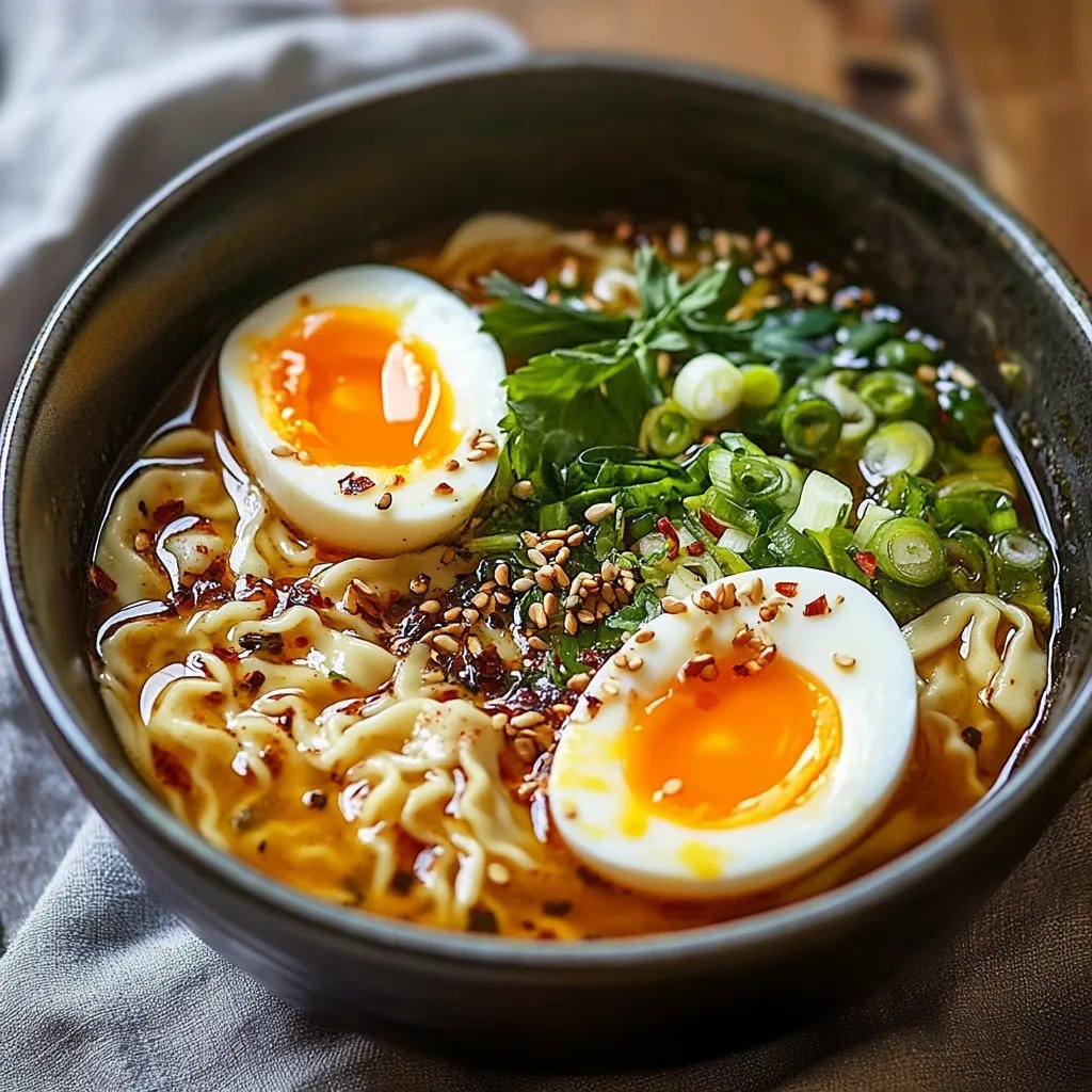 Savory Dumpling Ramen Bowl with Soft-Boiled Eggs and Fresh Greens